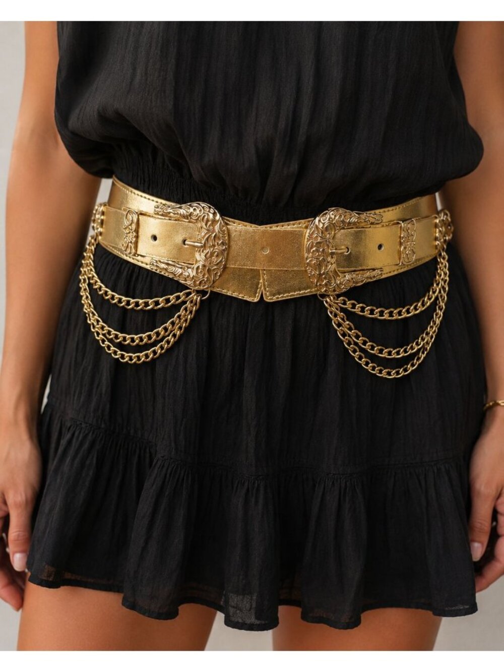 Gold Metallic Double Buckle Stretch Back Waist Belt with 3 Chain Detail - Picture 7 of 7